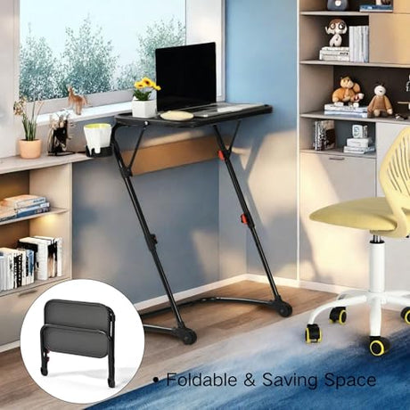 Homy Casa Adjustable Z Shaped Study Desk with Cup Holder, No Assembly Required,Space Saving Portable Laptop Foldable Table for Home Office Living Room & Bedroom, Sturdy Metal Frame with PP Top, Black Homy Casa