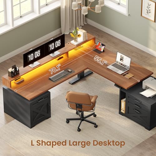 SEDETA Farmhouse L Shaped Standing Desk, 71" x 73" Height Adjustable Home Office Executive Desk with Drawers, Power Outlet, Monitor Stand, Sit Stand Table with Led Lights for Home Office, Black SEDETA