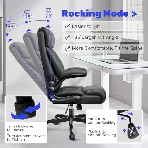High Back Executive Office Chair - Ergonomic Computer Desk with Rocking Function, Leather Managerial with Adjustable Flip-Up Armrests and Lumbar Support BestGlory