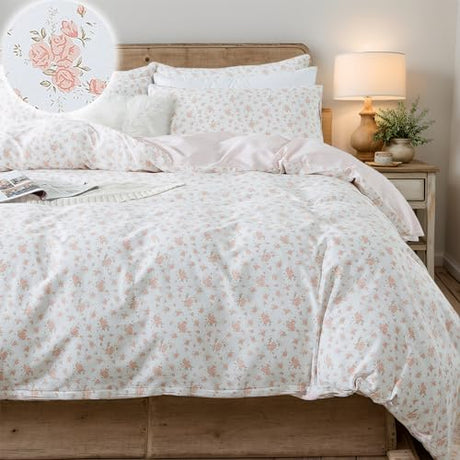 FADFAY Full Duvet Cover Set Pink Floral Comforter Cover 100% Cotton Girls Pink White Flower Bedding Garden Style Blush Bedding for All Season Soft Bedding with 2 Pillowcases, Full FADFAY