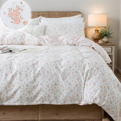 FADFAY Full Duvet Cover Set Pink Floral Comforter Cover 100% Cotton Girls Pink White Flower Bedding Garden Style Blush Bedding for All Season Soft Bedding with 2 Pillowcases, Full