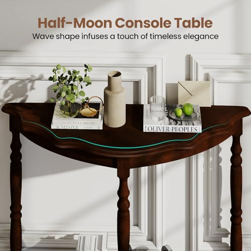 Giantex 42" Half Moon Console Table, 2-Tier Semi-Circle Entryway Table with Storage Shelf & Carved Rubber Wood Legs, Vintage Round Curved Sofa Tables for Living Room, Hallway, Entrance Giantex