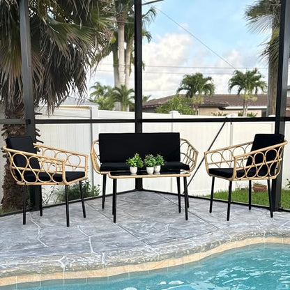 YITAHOME 4 Pieces Patio Furniture Set, Wicker Outdoor Bistro Set, All-Weather Rattan Conversation Set with Loveseat Chairs Table Cushions for Backyard, Pool, Deck, Garden – Black - WoodArtSupply