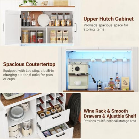 Unikito 72" Tall Pantry Cabinet, Kitchen Pantry Storage Cabinet with LED Light & Outlet, 63" Wide Kitchen Hutch Bar with Microwave Stand, Drawers, Wine Rack & Shelves, Cupboard for Dining Room, White Unikito