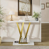 43.3" Gold Console Table, Modern Entryway Table with White Faux Marble Top & Metal Base, Narrow Sofa Table for Living Room, Hallway, Foyer PyroLog