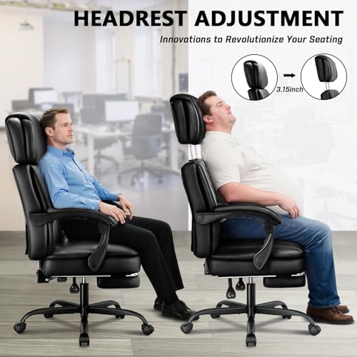 400lbs Executive Office Chair with Foot Rest for Heavy People, Ergonomic Big and Tall Desk Chair with Adjustable Headrest, High Back PU Leather Comfy Heavy Duty Computer Chair with Spring Cushion WAILOR