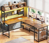 SEDETA L Shaped Gaming Desk with Hutch, 57.5” Reversible Corner Computer Desk with Storage Shelves, Gaming Desk with Pegboard, LED Lights, Power Outlet, Keyboard Tray (Rustic Brown) SEDETA