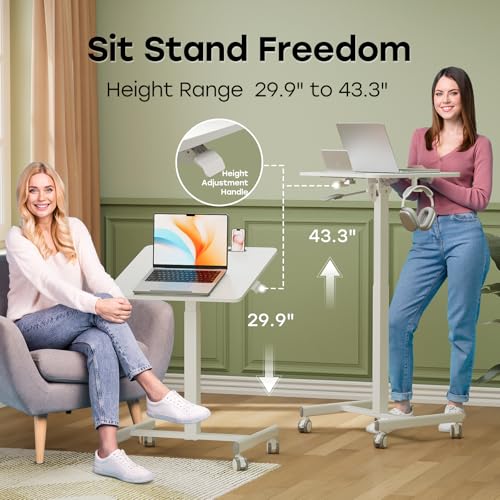 JOY worker Mobile Standing Desk, 23.6" x 20.5" Small Rolling Laptop Cart with 90° Tiltable Desktop, Portable Height Adjustable Sit-Stand Computer Desk on Wheels for Home Office, White JOY worker