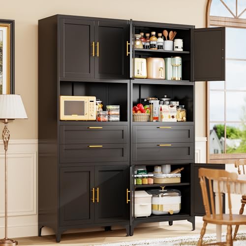 ZLBRDS 75” Tall Kitchen Pantry Storage Cabinet, Metal Storage Cabinet with 2 Drawers and Adjustable Shelves, Kitchen Pantry Cupboard, Freestanding Cupboard for Bathroom, Living Room(Black) ZLBRDS