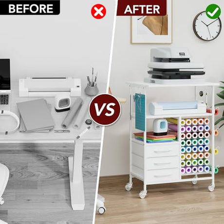Homsorout Movable Heat Press Table - 6-Tier Heat Press Stand with Drawers and Vinyl Roll Holder, Craft Cabinet Table Compatible for Cricut Craft Cutting Machine Stand Workstation (White) Homsorout