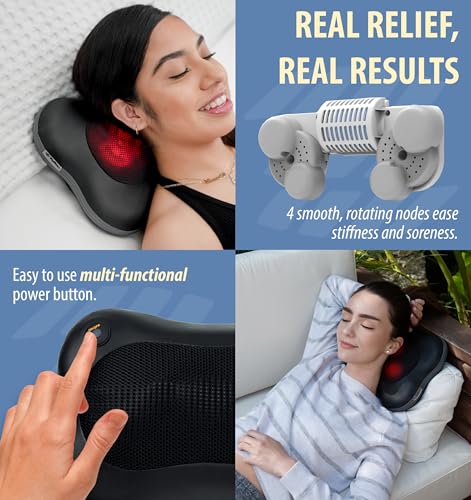 Zyllion Shiatsu Back and Neck Massager with Heat - 3D Electric Kneading Deep Tissue Massage Pillow for Muscle Pain Relief, Black, ZMA-13 Zyllion