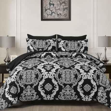 WONGS BEDDING 7 Pieces Comforter Set King Size, Black White Texture Bedding Set for All Season, Damask Soft and Breathable Bed in a Bag with Comforter, Flat Sheet, Fitted Sheet, Pillowcases & Shams WONGS BEDDING