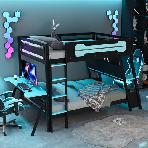 Merax Bunk Bed with Two Built-in Gaming Desks, USB Desktop Ports & Pegboard Organizer, Gaming Bunk Frame for Gamer, Full Size, Cloud Blue Merax