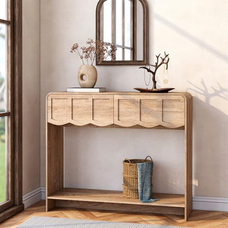 Topbele Console Table with 2 Drawers, Mid-Century Modern 42" Entryway Table with Open Storage Shelves, Sofa Table Behind Couch for Living Room, Hallway, Natural Topbele