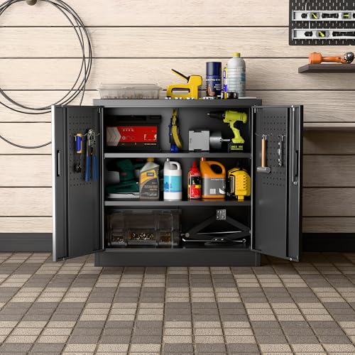 JAORD Metal Storage Cabinet with 2 Lockable Doors and 2 Adjustable Shelves, Locking Garage Storage Cabinet with Pegboard, Small Metal Cabinet with Lock for Garage, Home, Black, Assembly Required JAORD