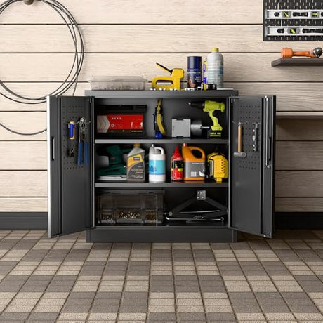 JAORD Metal Storage Cabinet with 2 Lockable Doors and 2 Adjustable Shelves, Locking Garage Storage Cabinet with Pegboard, Small Metal Cabinet with Lock for Garage, Home, Black, Assembly Required JAORD