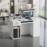 PAKASEPT Reception Desk with Counter for Retail & Checkout,Modern Reception Counter with LED Lights,Drawers,Open Shelves,Retail Counter with Storage for Countertop,Beauty Salon,Shop,Bar(White Small)