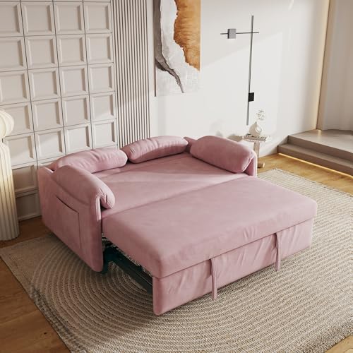 Anwick Modern Velvet 3 in 1 Sleeper Sofa Bed,Convertible Folding Futon Sofa Pull Out Couch Bed with 3 Reclining Backrests,Pillows,54" Small Love Seat for Compact Living Room Office (Pink, 54") Anwick