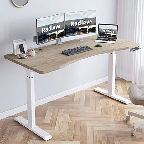 Radlove Electric Standing Desk, 55 x 30 Height Adjustable Computer Desk Sit Stand Desk Home Office Desks with Splice Board and A Under Desk Cable Management Tray (White Frame + Oak Top) Radlove
