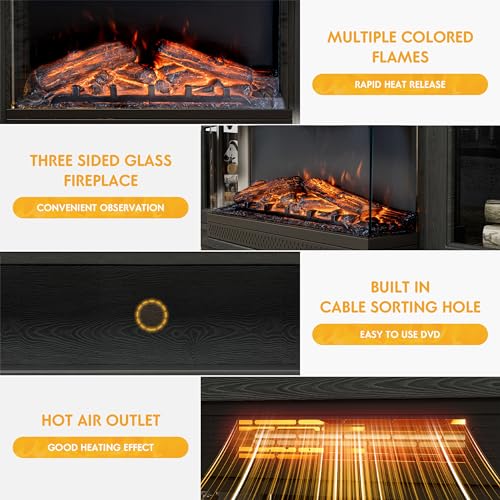 JUMMICO Fireplace TV Stand for TVs up to 65'', 3-Sided Glass Media Entertainment Center Console Table with Cabniet Storage Adjustable Flame LED Color for Living Room (Black) JUMMICO