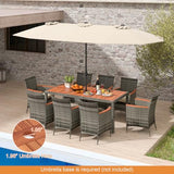 HAPPYGRILL 9 Pieces Outdoor Dining Set, Acacia Wood and Rattan Furniture Set with 1 Large Rectangular Table and 8 Chairs with Cushions, Patio Wicker Dining Table and Chairs Set HAPPYGRILL