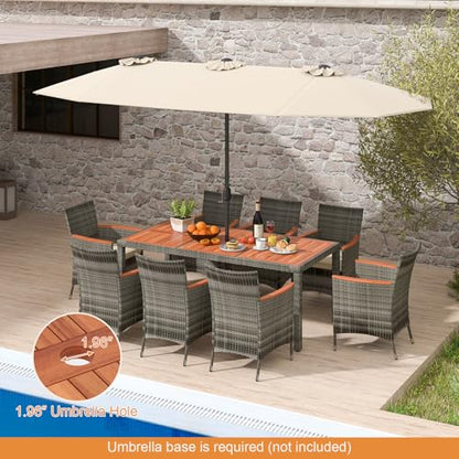 HAPPYGRILL 9 Pieces Outdoor Dining Set, Acacia Wood and Rattan Furniture Set with 1 Large Rectangular Table and 8 Chairs with Cushions, Patio Wicker Dining Table and Chairs Set