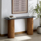 SAFAVIEH Couture Collection - Treyshawn Walnut Solid Wood & Black Marble Top Console Table, Rectangular Fluted Base Accent (SFV6411B) SAFAVIEH