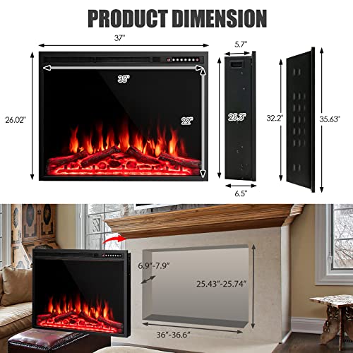 COSTWAY 37-Inch Electric Fireplace, Wall-Mounted and Recessed Fireplace Heater with 4 Flame and Log Colors, 5-Level Flame Speed and Brightness, Remote Control, 8H Timer, Overheat Protection, 1500W COSTWAY