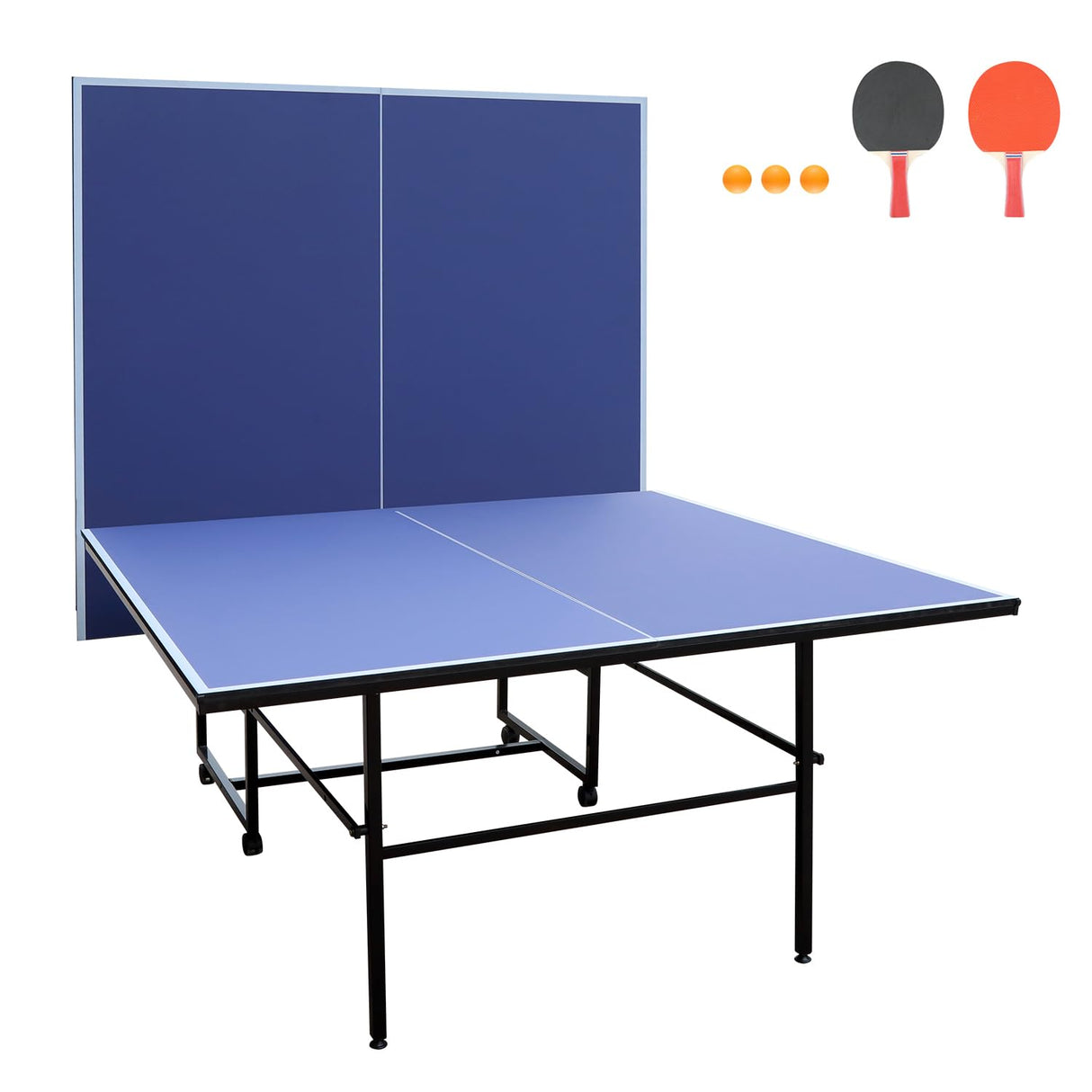 Professional Table Tennis Table, Foldable Ping Pong Game Set for Indoor, 8FT 9FT Single Player Playback Mode Ping Pong Table with Net and Post Set, 2 Paddles and 3 Balls (Blue-9FT) Generic