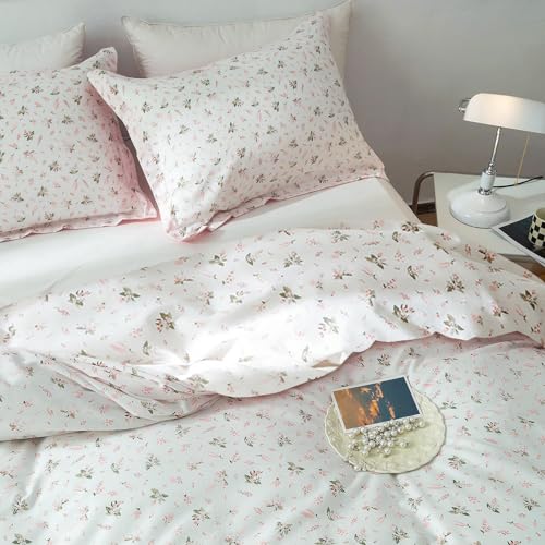 mixinni Girl Floral Full Size Comforter Pink White Flower Leaf Print Bedding Sets, Cute Floral Bedding Comforter Sets for All Seasons-(1 Comforter+2 Pillow Shams)-Full Size mixinni