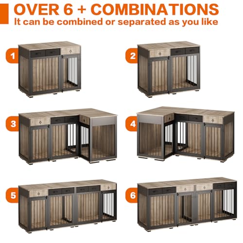 68" Dog Crate Furniture for 2 Dogs,Indoor L-Shaped Corner Wooden Furniture Style Combined Dog Crate Kennel with Fabric Drawers&Removable Divider for Small to Medium Dogs,Can Use Separately