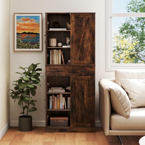 Giantex 72" Tall Kitchen Pantry Cabinet, Modern Farmhouse Pantry Storage Cabinet with 4 Barn Doors, Adjustable Shelves & Drawer, Buffet Cupboard with Living Room, Dining Room, Bathroom, Rustic Brown Giantex