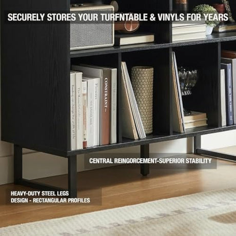 FurnPulse Large Record Player Stand with Storage 1000+ Albums, Mid Century Modern Turntable Stand Cabinet, Record Player Table Media Console TV Stand Bookshelf for Living Room, Black Walnut FurnPulse