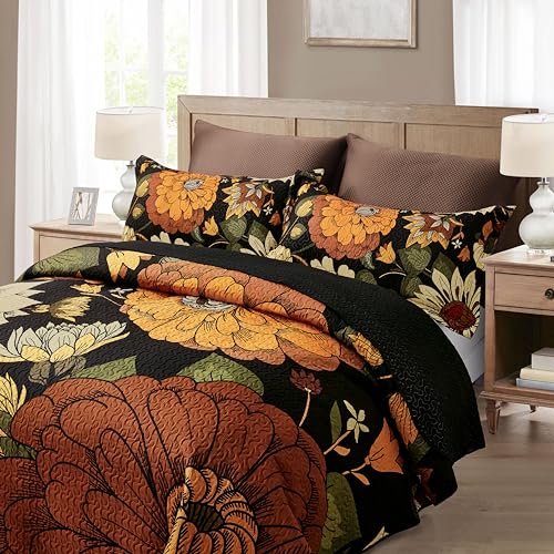 Tyrot 3 Piece Black Boho Floral Full/Queen Quilt Sets Reversible Farmhouse Botanical Lightweight Bedspread Coverlet with 2 Shams Mid Century Microfiber Bedding Quilts Set for All Season,90''x96'' Tyrot
