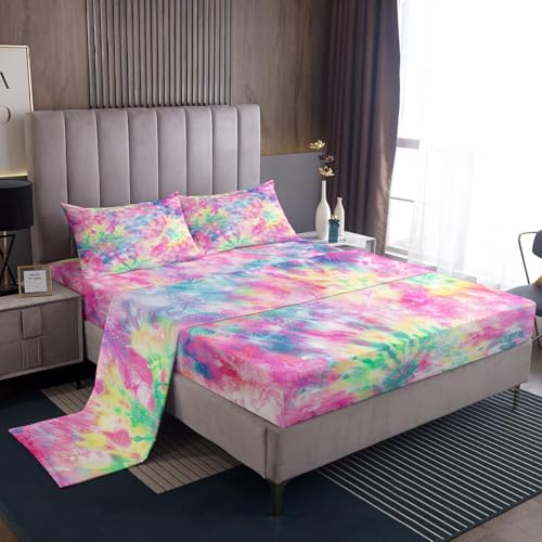 Erosebridal Kids Tie Dye Pink Bed Sheets Girls Bohemian Batik Sheet Set 4 Pcs King Size, Boho Psychedelic Sheets Set + Deep Pocket Fitted Sheets+ Girly Flat Sheet + Exotic Bedroom Decor 2 Pillow Shams Erosebridal