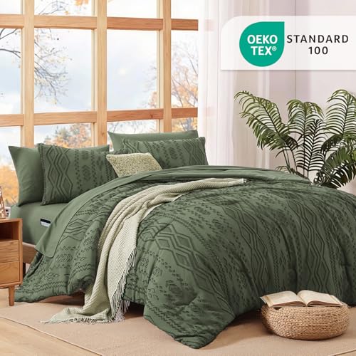 WRENSONGE Queen Comforter Set with Sheets - 7 Pieces Olive Green Tufted Bed in a Bag Queen Shabby Chic Bedding Sets with 1 Comforter, 2 Sheets, 2 Pillowcases & 2 Shams WRENSONGE