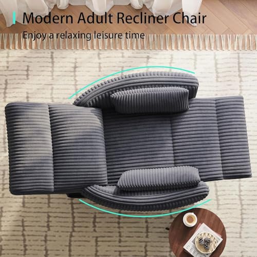 LINSY 360 Swivel Recliner Chair, Nursery Glider Rocking Chair with 2 Pillows, Corduroy Nursing Chair Comfy High Back Adult Rocker Recliner for Small Spaces, Nursery Bedroom Living Room (Gray)