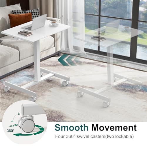 DUMOS Mobile Small Standing Desk, Portable Rolling Laptop Desk with 2 Lockable Wheels, Adjustable Height Computer Workstation for Home Office, 19 Inch White DUMOS