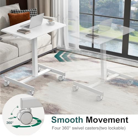 DUMOS Mobile Small Standing Desk, Portable Rolling Laptop Desk with 2 Lockable Wheels, Adjustable Height Computer Workstation for Home Office, 19 Inch White DUMOS