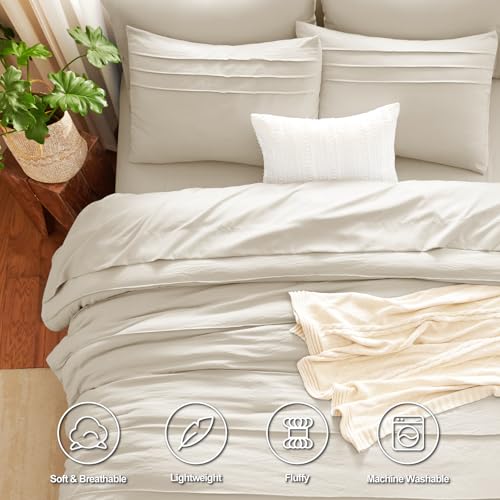 CozyLux Full Size Comforter Sets Beige, 7 Pieces Soft Pinch Pleat Bed in a Bag Full Comforter Set with Sheets, Boho Bed Set with Down Alternative Comforter, Sheets, Pillowcases & Shams CozyLux