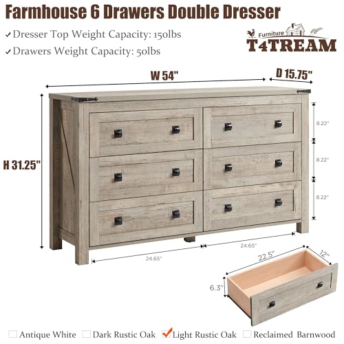 T4TREAM Farmhouse 6 Drawers Dresser for Bedroom, Wood Rustic Wide Chest of Drawers, Storage Dressers Organizer for Bedroom, Living Room, Hallway, Light Rustic Oak T4TREAM
