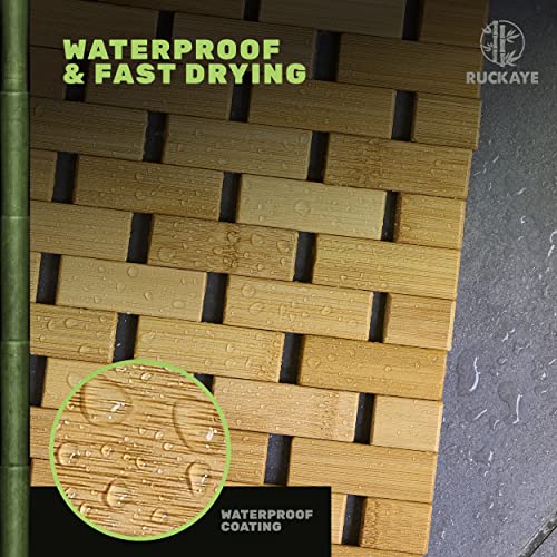 Ruckaye 24x16 Bamboo Bath Mat Premium Bamboo Shower Mat with Silicone Grip Pads Bamboo Bathroom Mat Slip Resistant Bamboo Mat Foldable Wooden Bathroom Mat Waterproof Bamboo Floor Mat Indoor & Outdoor Ruckaye