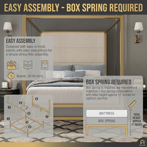 JIJIWANG Modern Gold Canopy Bed Frame with Tall Linen Fabric Upholstered Headboard Metal 4-Poster Bed, Box Spring Needed, (Queen,Gold)