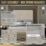 JIJIWANG Modern Gold Canopy Bed Frame with Tall Linen Fabric Upholstered Headboard Metal 4-Poster Bed, Box Spring Needed, (Queen,Gold)