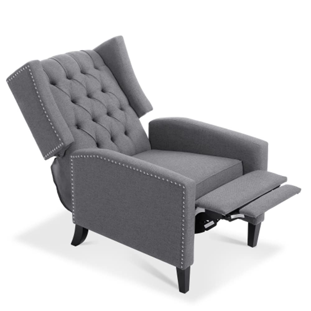 Arm Pushing Recliner Chair, Modern Button Tufted Wingback Manual Push Back Recliner Chair with Nailhead Trim & Wood Legs, Upholstered Living Room Chair Single Reclining Sofa Home Theater Seating Grey LLS
