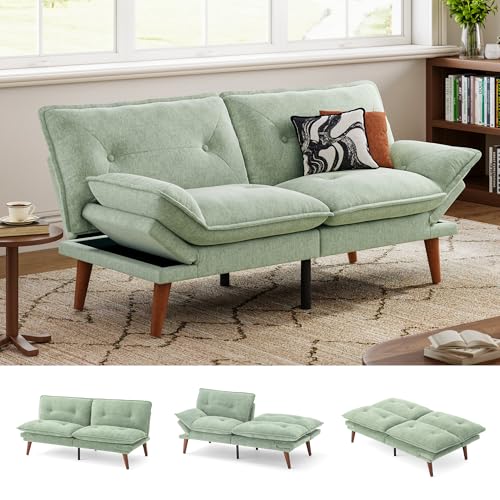 LINSY HOME Futon Sofa Bed, 70" Chenille Futon Couch with Adjustable Backrest Armrest, 3 in 1 Convertible Comfy Loveseat Sleeper Sofa Bed for Small Spaces Dorm Room Apartment Home Office, Light Green LINSY HOME