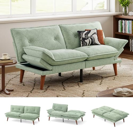 LINSY HOME Futon Sofa Bed, 70" Chenille Futon Couch with Adjustable Backrest Armrest, 3 in 1 Convertible Comfy Loveseat Sleeper Sofa Bed for Small Spaces Dorm Room Apartment Home Office, Light Green LINSY HOME