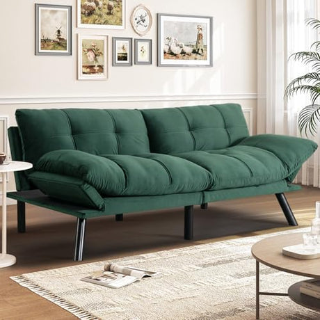 SoarFlash 67 Inch Futon Double Sofa Bed, 2 in 1 Velvet Loveseat Sofa with Adjustable Backrest Memory Foam for Living Room Bedroom Office Apartment Compact Couch(Green) SoarFlash