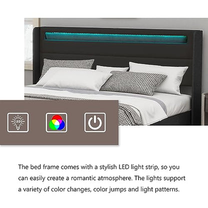 Queen Size Upholstered Bed Frame with LED Lights - alazyhome Black Platform Bed with Wooden Slats and Noise-Free Design - WoodArtSupply