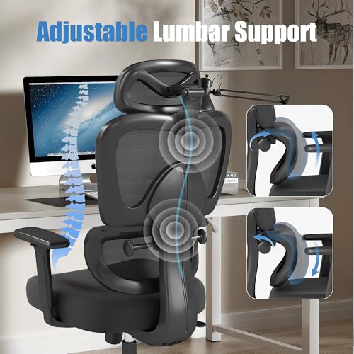 Ergonomic Office Chair with Adjustable Lumbar Support, 3D Arms and Headrest, High Back Wide Desk Computer Chair with Wheels, for Home & Office, Black ZZH